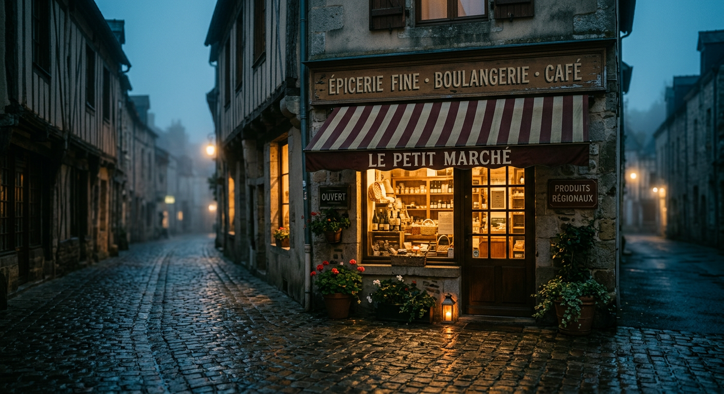 Devanture d'un commerce local le soir, éclairée par la vitrine, rue pavée déserte.